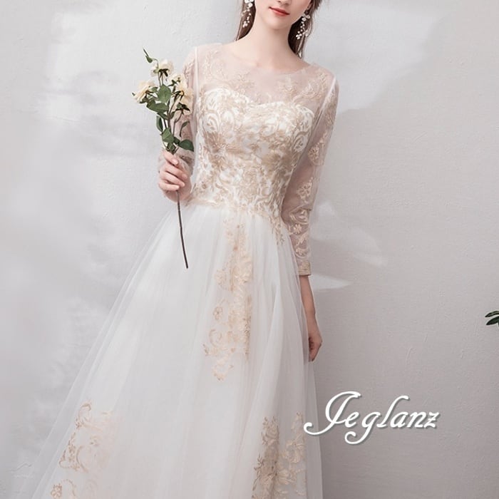 ウエディングドレス 切替 チュール 編み上げ ミニマル シンプル 7分袖 ♪(M8866)π