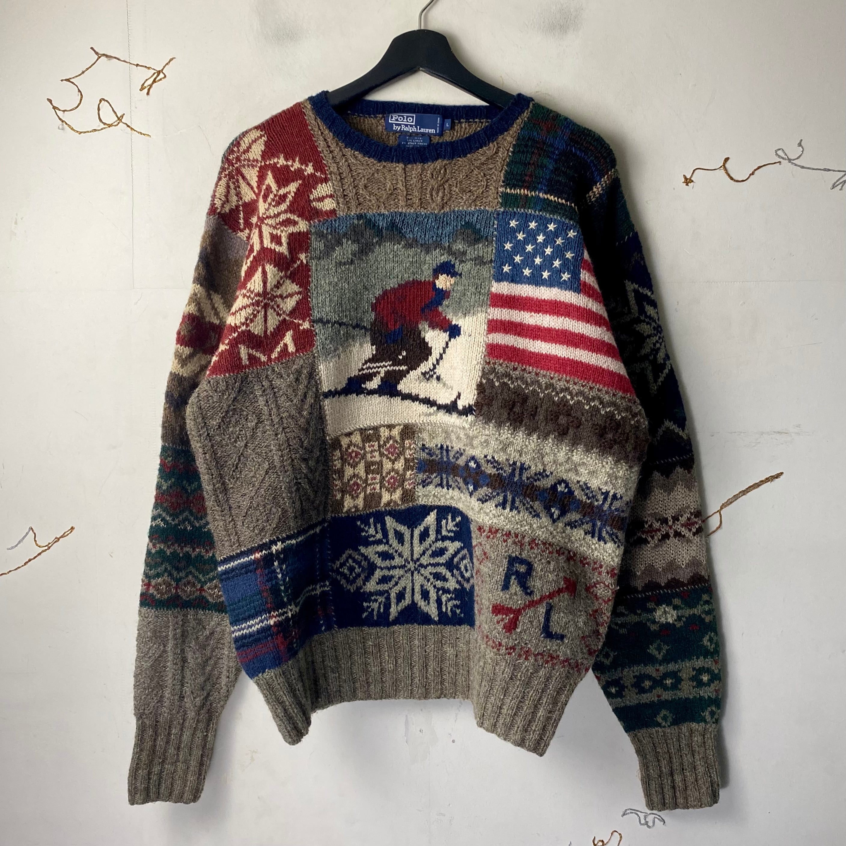 vintage POLO by RALPH LAUREN patchwork pattern hand knit sweater 
