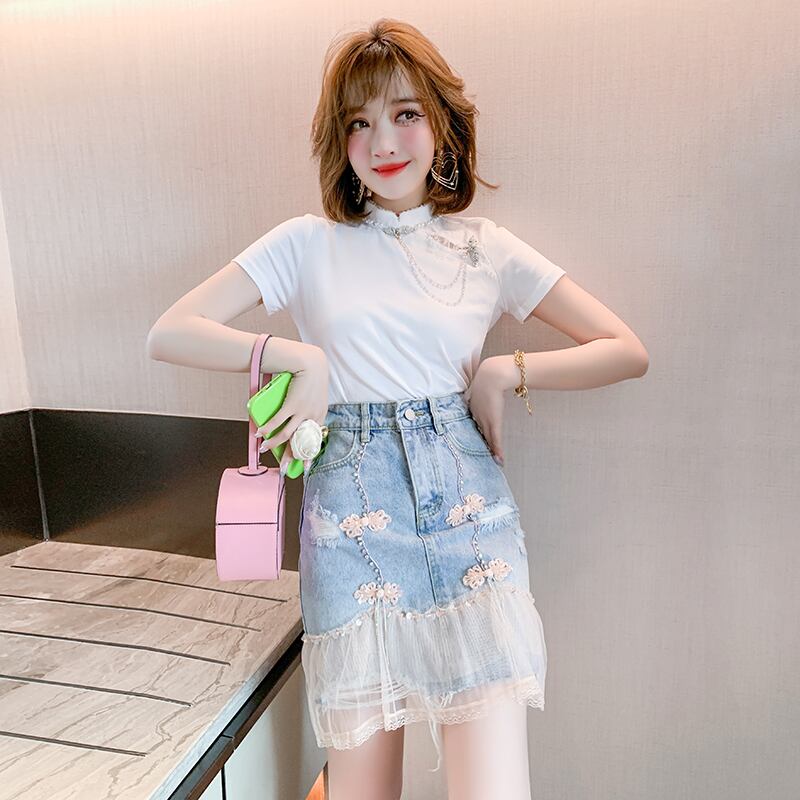 ハイウェストウェストスタンダードボタンメッシュスカート サマースタイル レトロ 夏物 ステッチ MIUCO18403120205