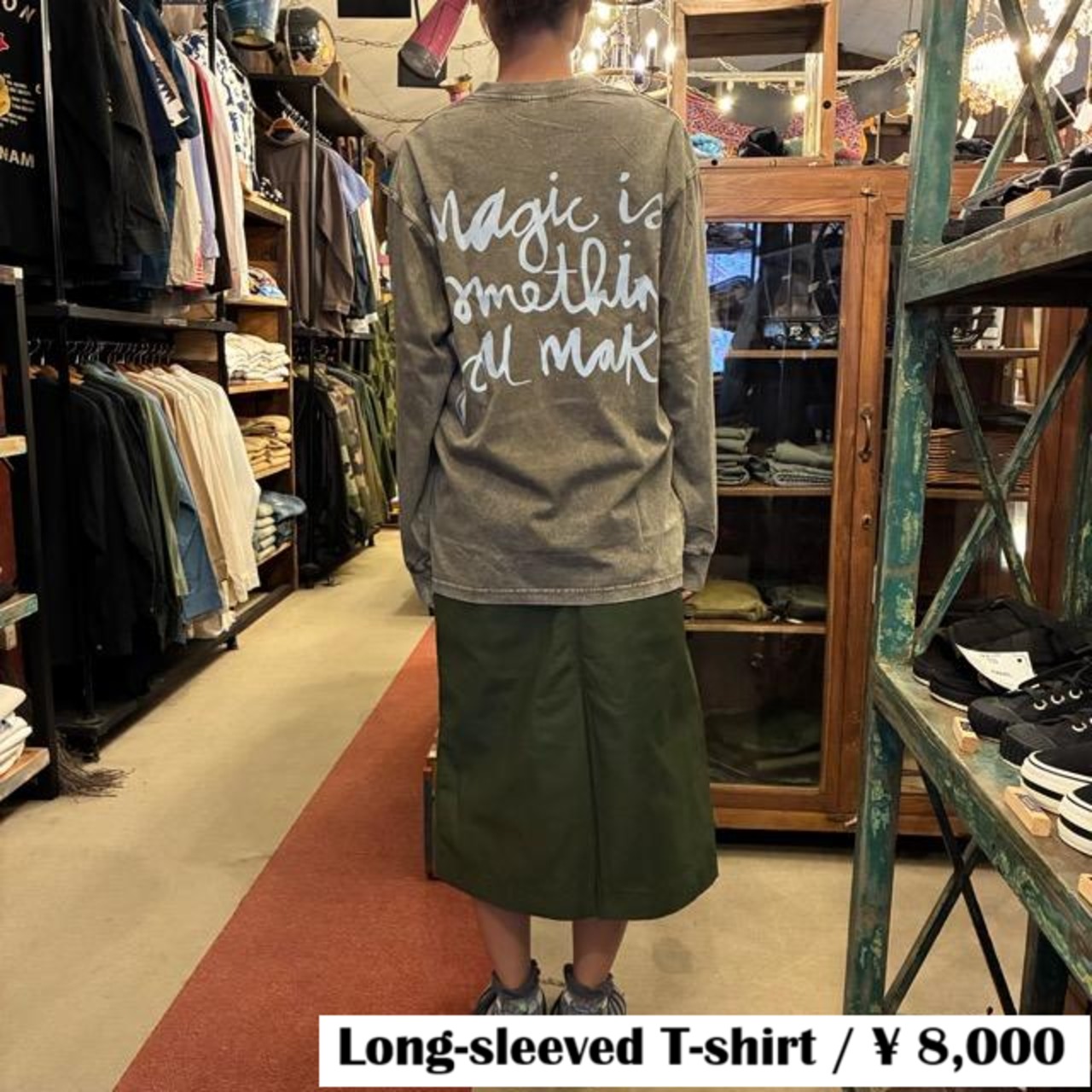 TOPANGA Lady's TOPANGA FIRECOUNTRY Pigment dyed T-shirt Magic is something you make Khaki 　ピグメントダイ長袖Tシャツ　マジックイズ　カーキ