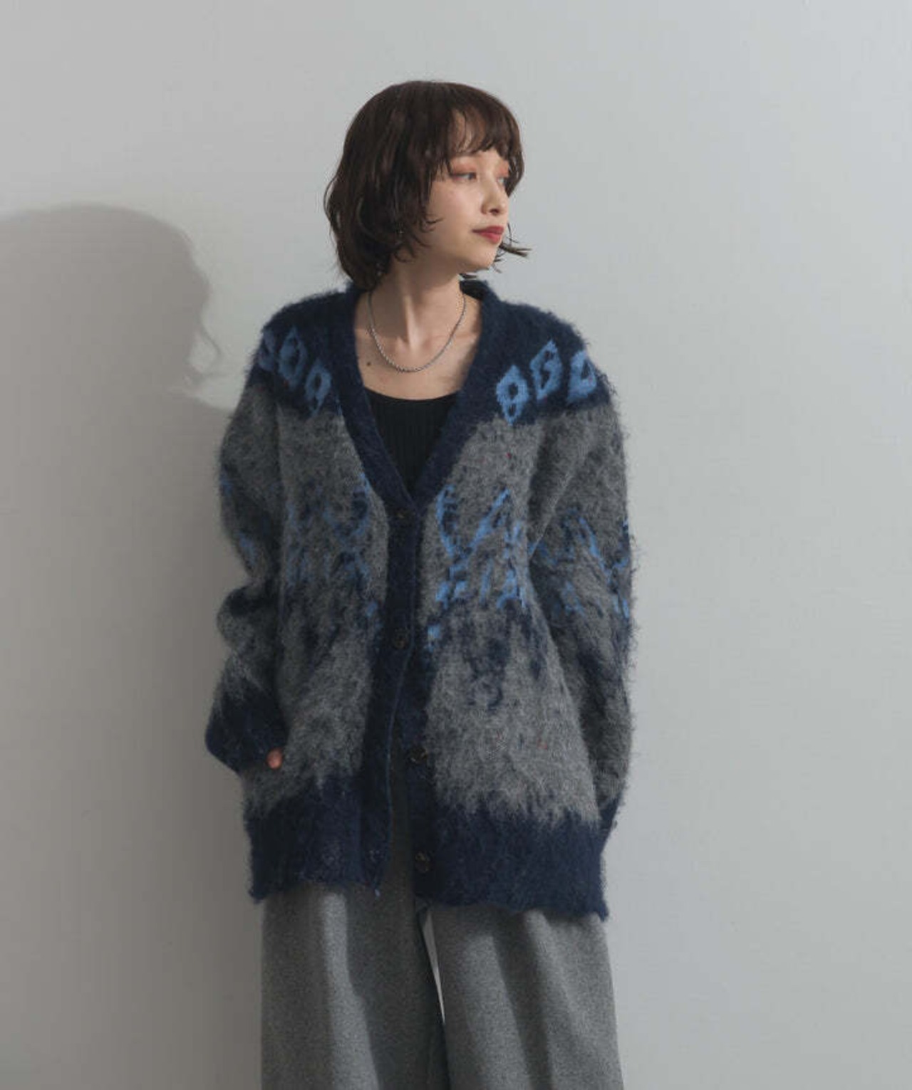 HD2510043 ノルディック柄シャギーニットカーディガン charcoal