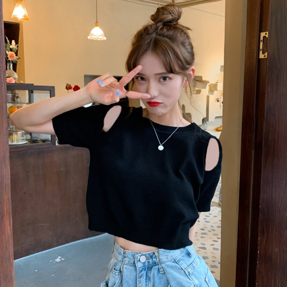 肩出し へそ出し ニット トップス レディース 韓国 春夏 かわいい 大人 きれいめ クロップド丈 おしゃれ カジュアル 大人可愛い 大人女子