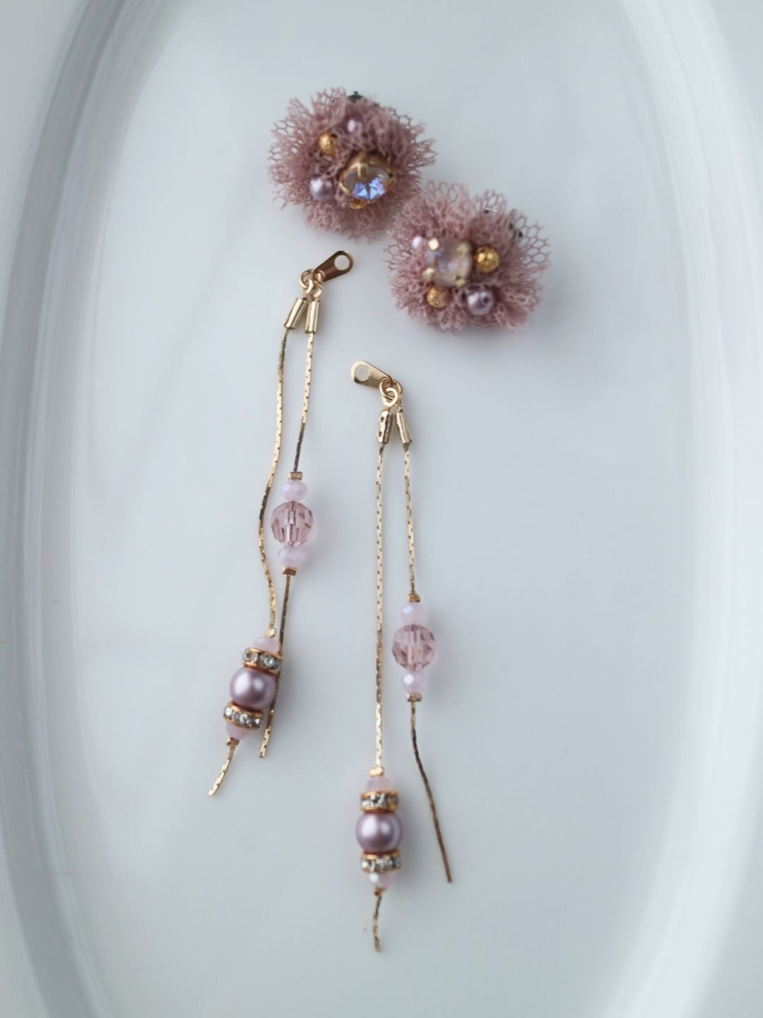 チュールロングピアス｜Douce lumière（柔らかな光）〈ダスティピンク〉