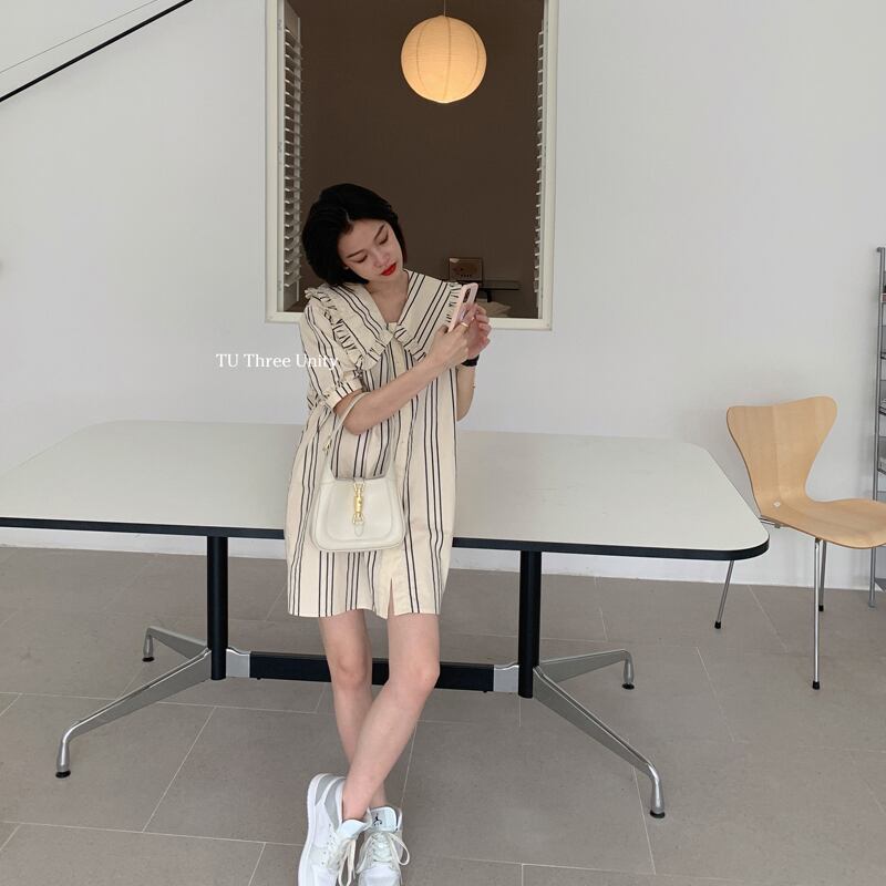 シャツ ドレス レースカラールーズ長袖スリーブストライプ ロング ビッグFスモールZ韓国8314602126