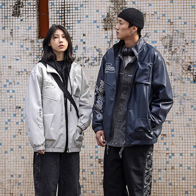 ブルゾン スタジャン ユニセックス アウター メンズ レディース シンプル ロゴ レザー ネイビー/ホワイトグレー M/L/XL/2XL