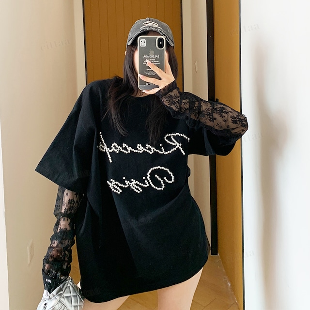 ★予約★D-946　2026春新作♡RicecakeビーズロゴレースレイヤードデザインTシャツ　ブラック