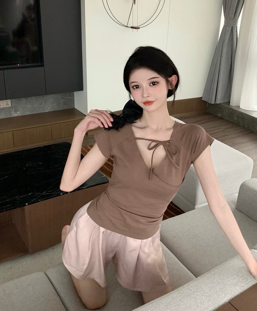 Tシャツ サマーショートVネックスリムトップス 夏物 ブラックストロベリース55049689092