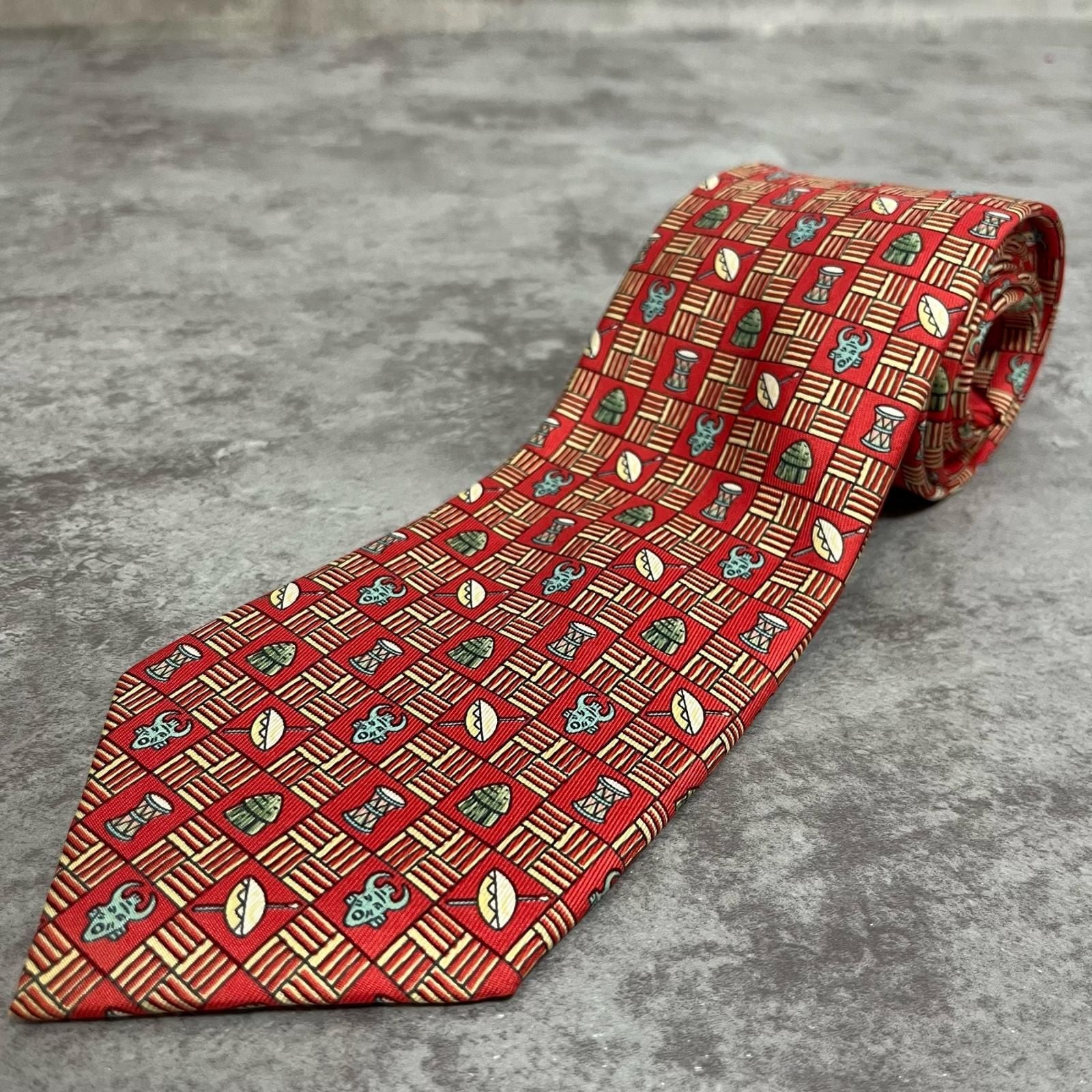 極美品■HERMES　「H柄」ネクタイ　ファソネ　ネイビー×ピンク系　エルメス 美品】エルメス ネクタイ ピンク 水色 H柄 高級 ハイブランド