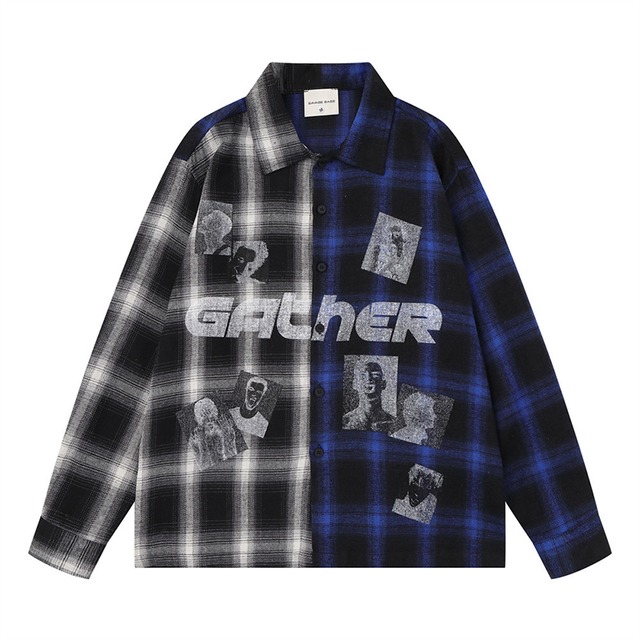 【YITAIシリーズ】★シャツ★ ユニセックス 2color トップス 長袖シャツ チェック柄 配色 青 赤 おしゃれ
