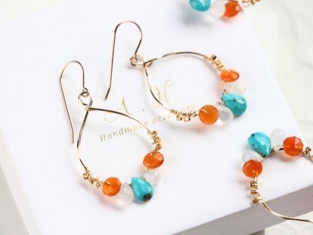 14kgf-turquoise × carnelian summer pierced earrings /can be chang to A.N original clip-on