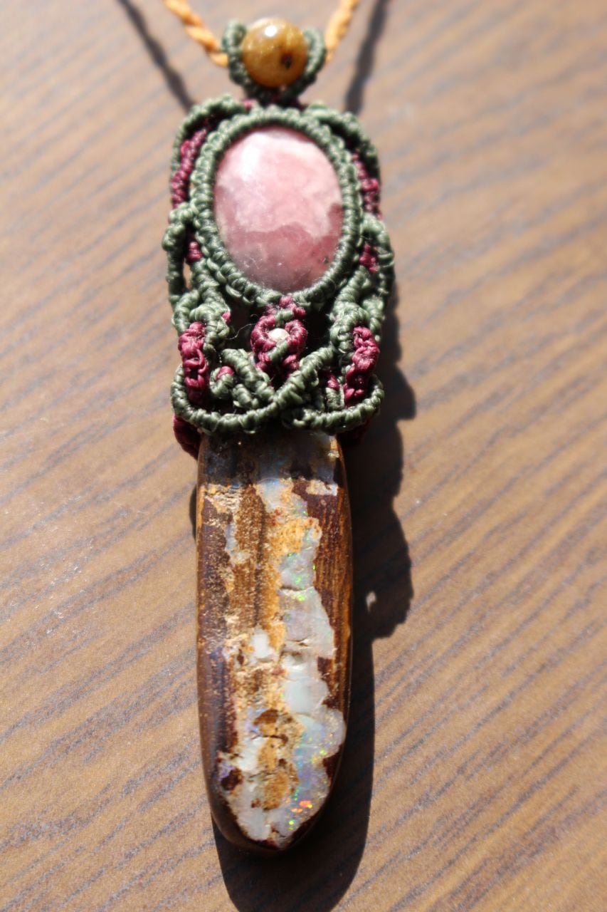 Boulder opal & Rhodochrosite micromacrame pendant