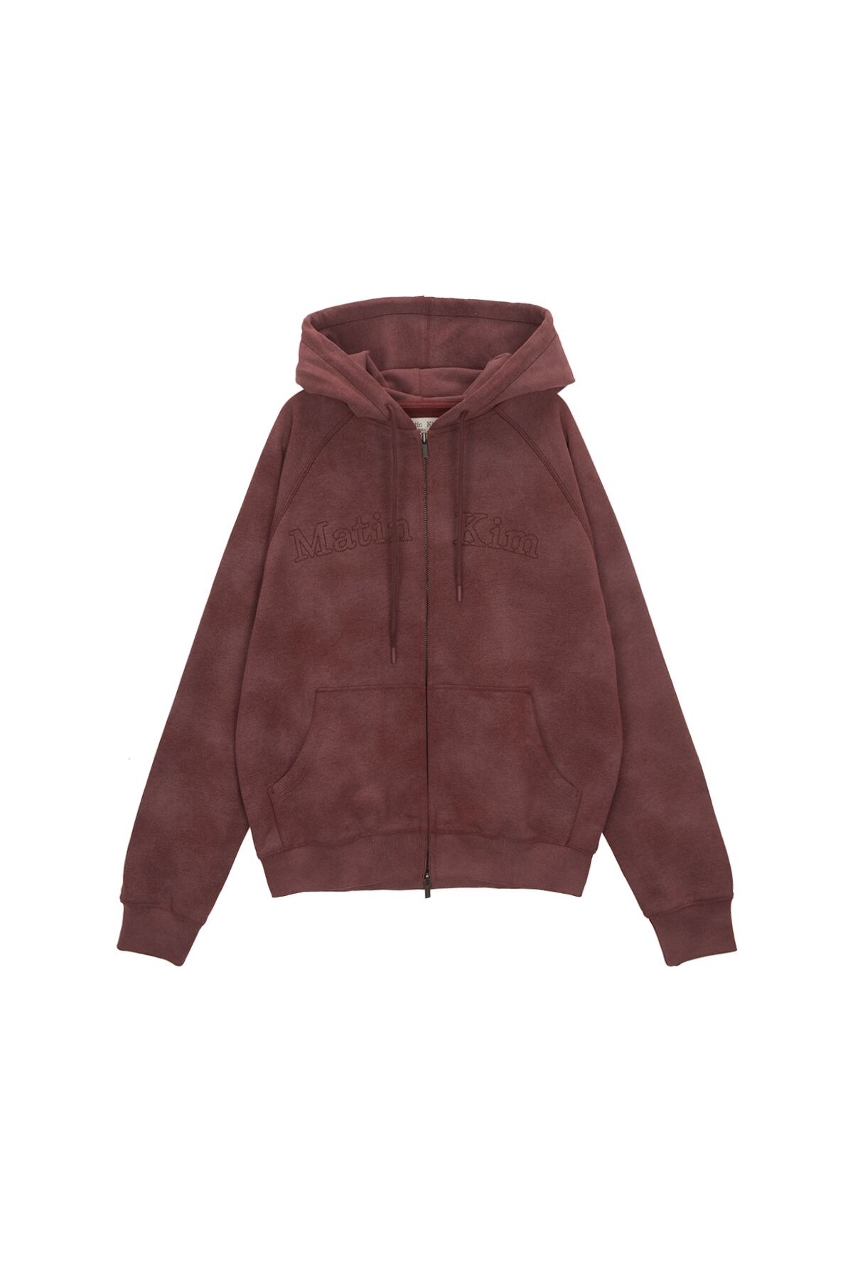Matin Kim] FRONT LOGO STITCH WASHED HOODY ZIP UP IN BURGUNDY 正規