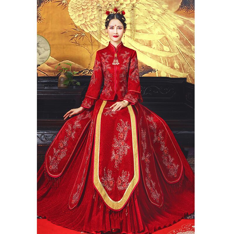 チャイナ風ウエディングドレス 中華服 結婚式 XS~4L レッド 赤い 刺繍 フリンジ サテン 花柄 elegant