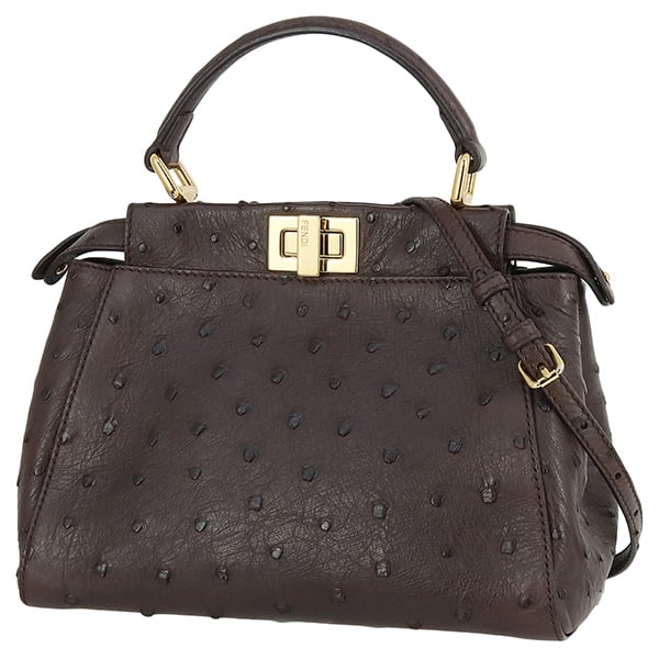 Used FENDI フェンディ ピーカブー ミニ オーストリッチ ダークブラウン ゴールド金具 8BN244 ハンドバッグ ショルダーバッグ 2WAY 超美品