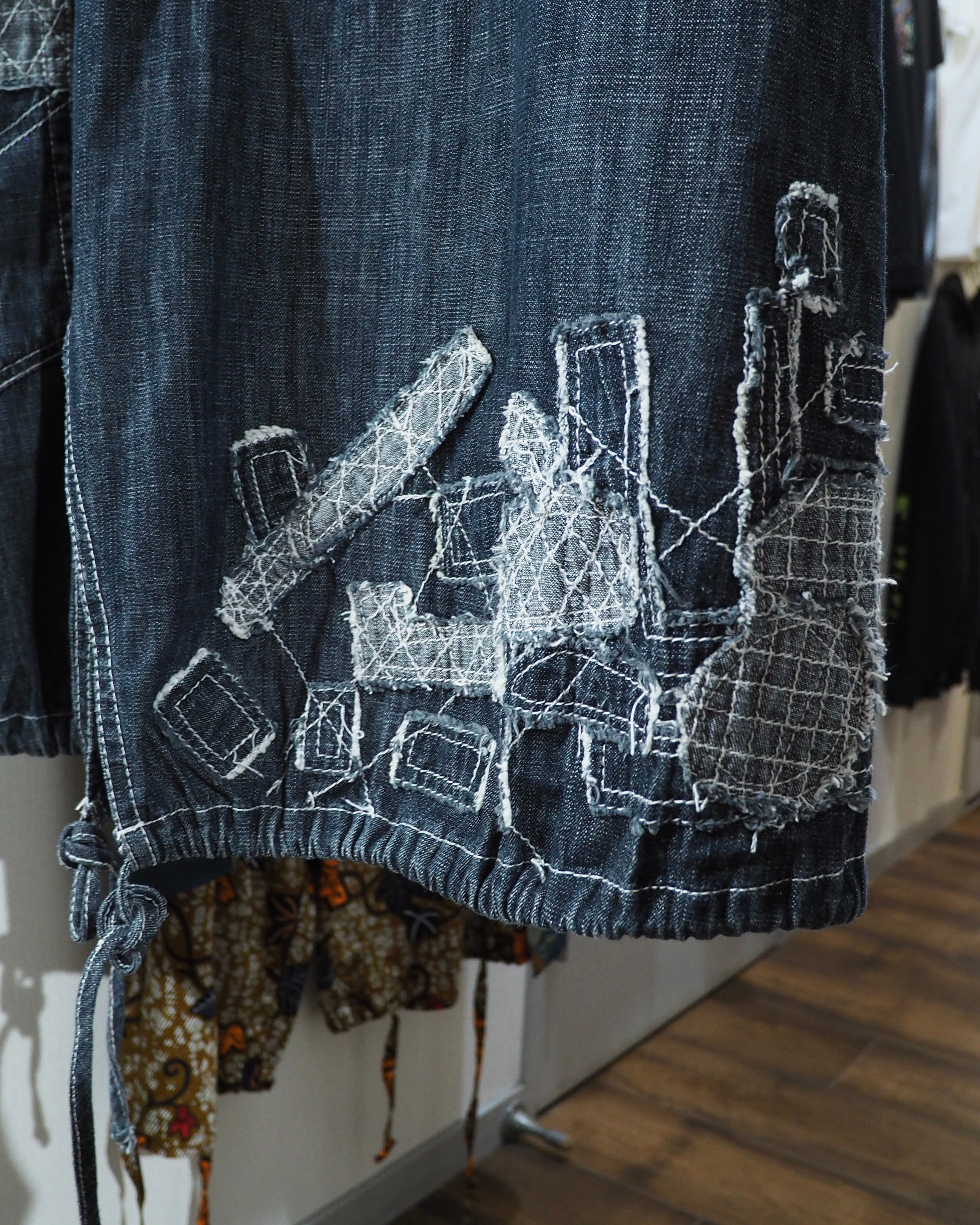 Random Patchwork × White stitch Embroidery vintage Indigo Denim Onepiece