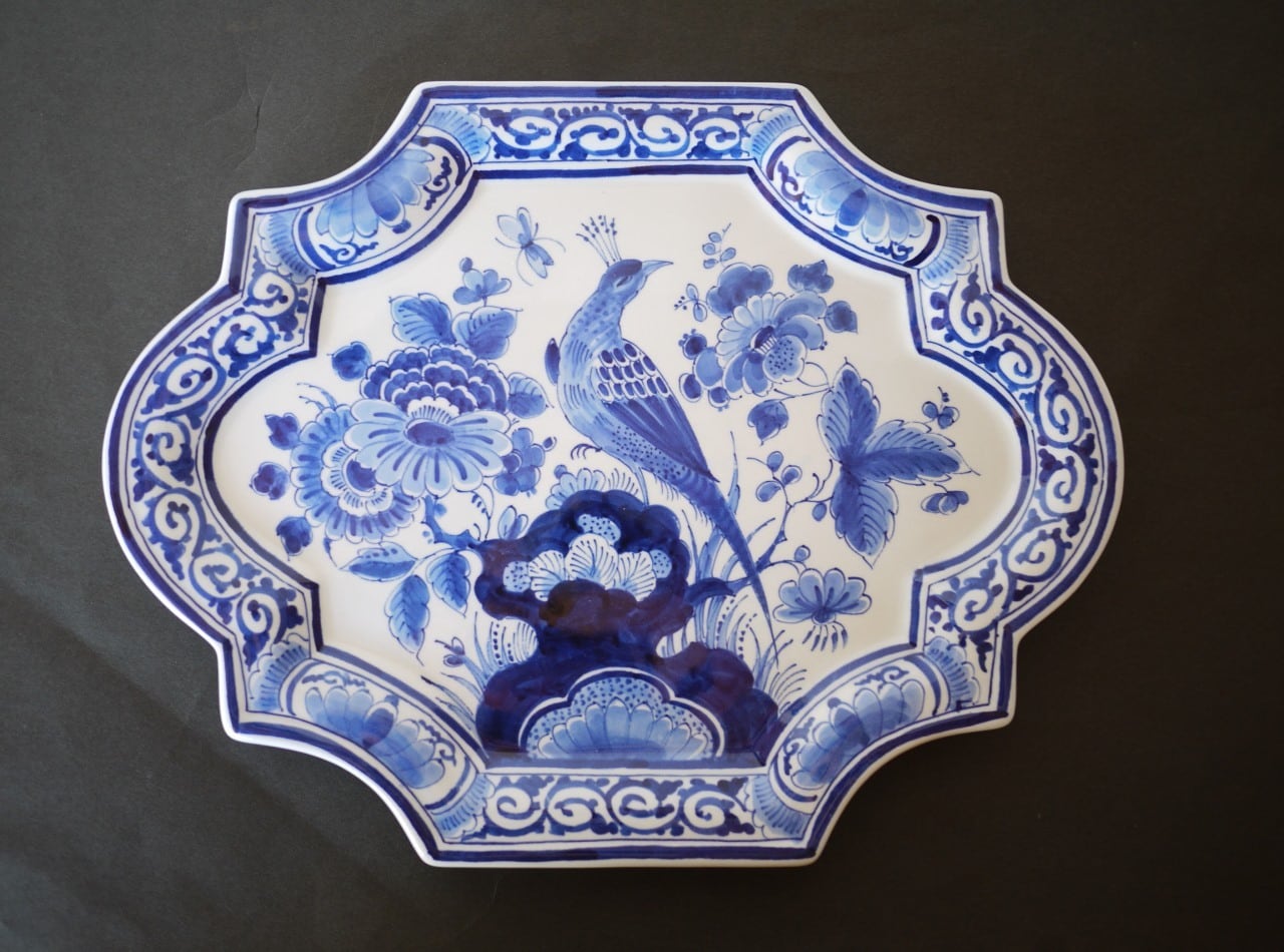 ロイヤルデルフト 孔雀絵飾皿 染付花鳥文様 蛸唐草