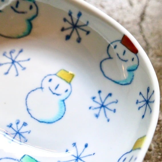 今井一美 陶芸 楕円皿 一点物 雪だるま - 食器