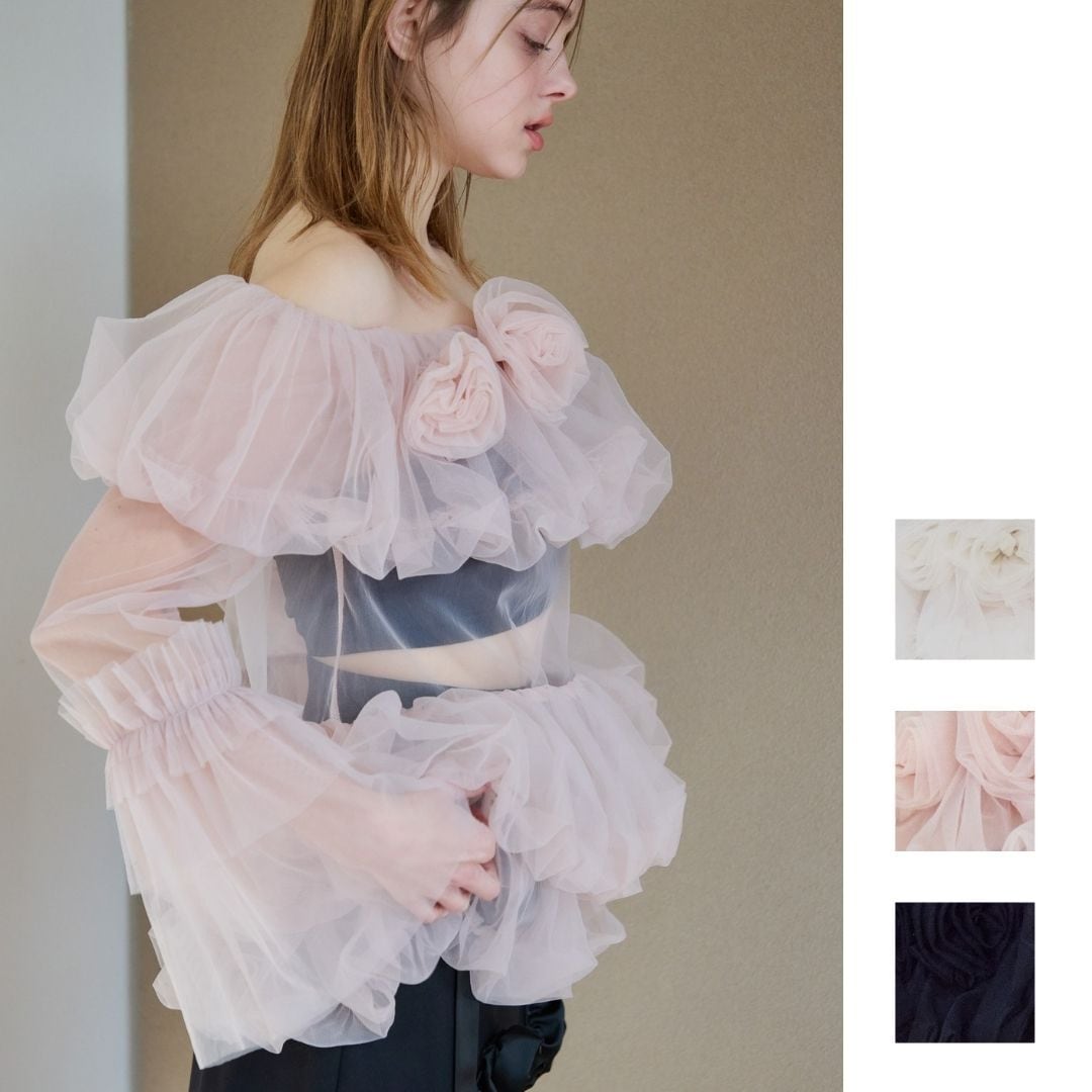 トップス etre loin Rose tulle off shoulder blouse ローズチュールオフショルブラウス / Rose tulle off shoulder blouse