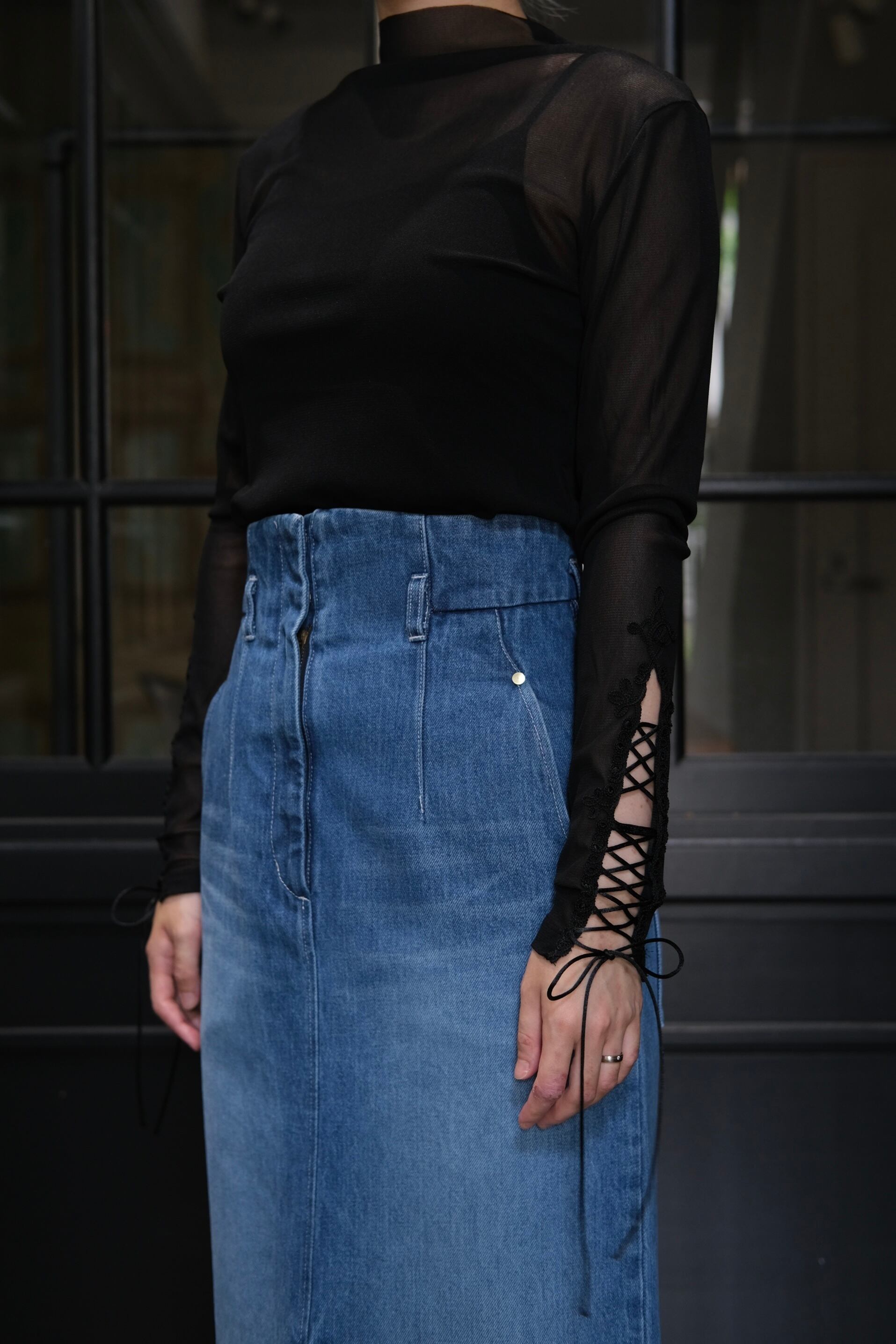 Tanaka Daisuke】lace up sleeve sheer tops - black - | loop