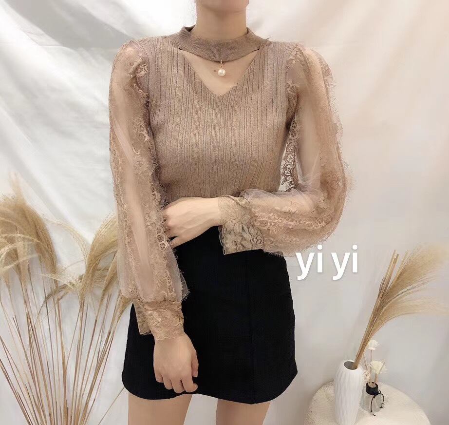 チュール袖Vネックニット