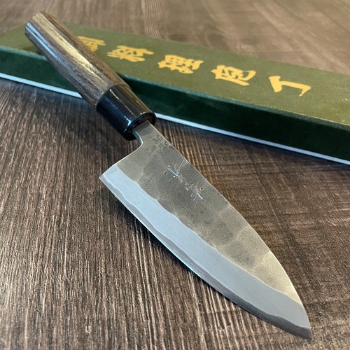 "YOSHIKANE" Black Forged 105mm ajikiri Knife （thin deba knife） with roasted chestnut wood handle - Crafted by Tsuneo Yoshida old stock