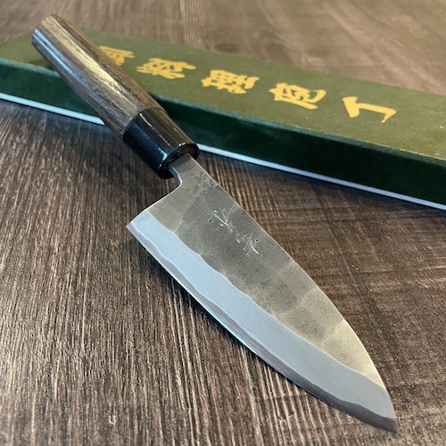 "YOSHIKANE" Black Forged 105mm ajikiri Knife （thin deba knife） with roasted chestnut wood handle - Crafted by Tsuneo Yoshida old stock