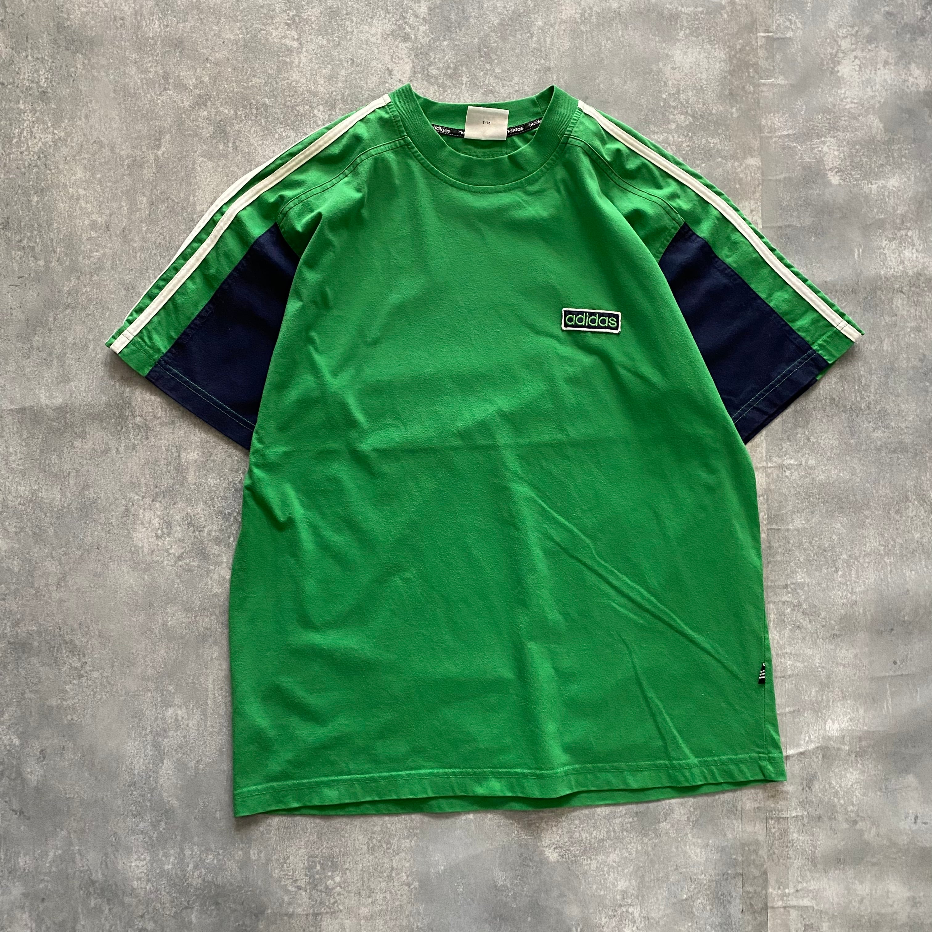 90s アディダス 刺繍ワンポイントロゴ サイドライン グリーン Tシャツ