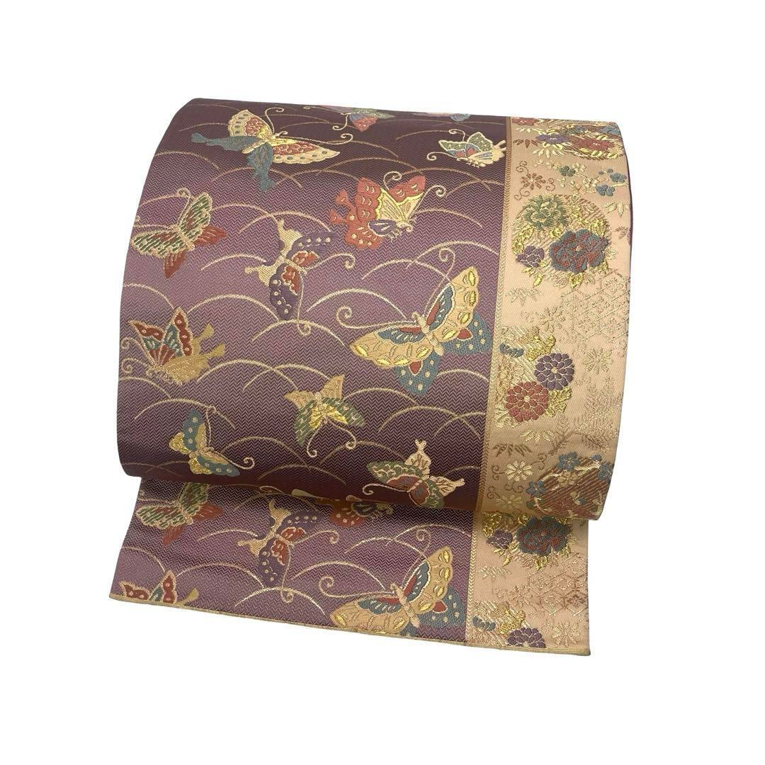 袋帯 蝶々に芝柄 花模様 金糸 椎鈍色 O-4059 | リユース着物わびさび 