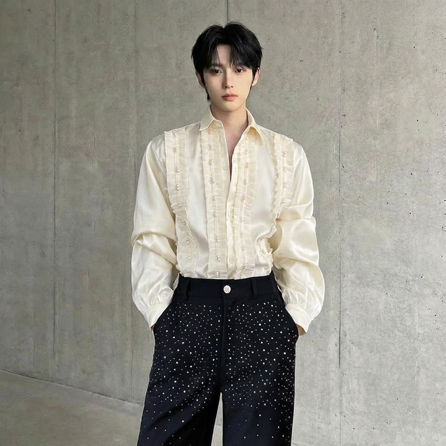 パール装飾フリルデザインシャツ D11951