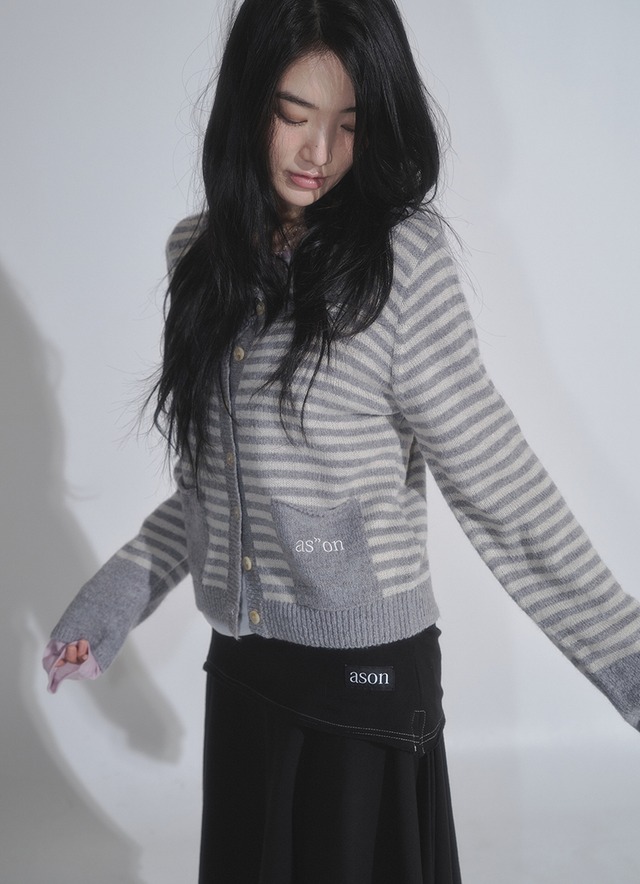 2/28発送 [as”on] NUT POCKET CARDIGAN / STRIPE GRAY 正規品 韓国ブランド 韓国通販 韓国代行 韓国ファッション as on ason エズオン アズオン