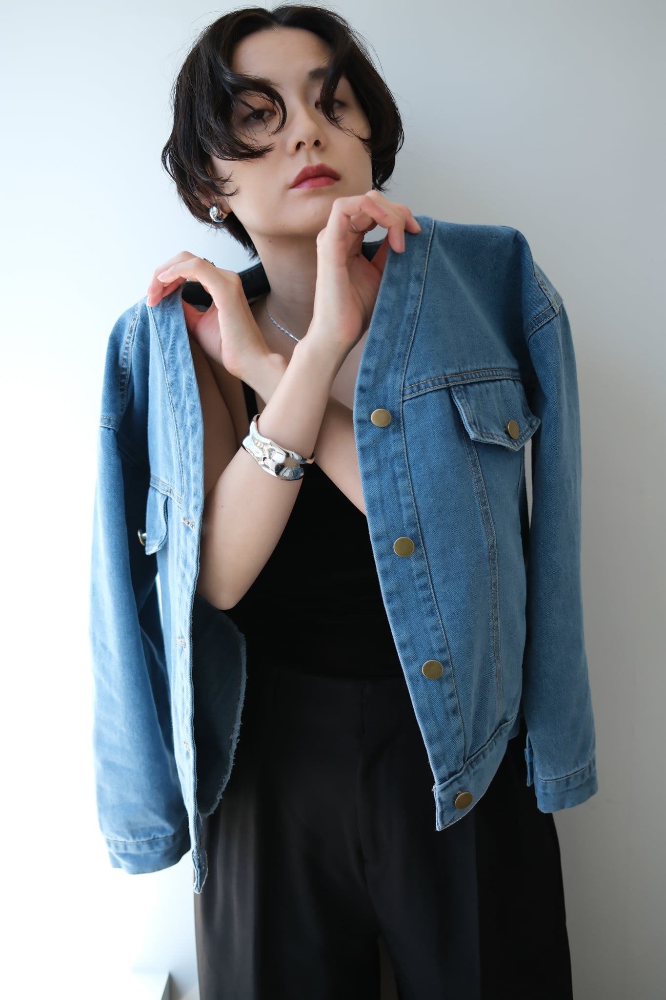 No-collar Denim Jacket ノーカラーデニムジャケット BLue | planet3rd