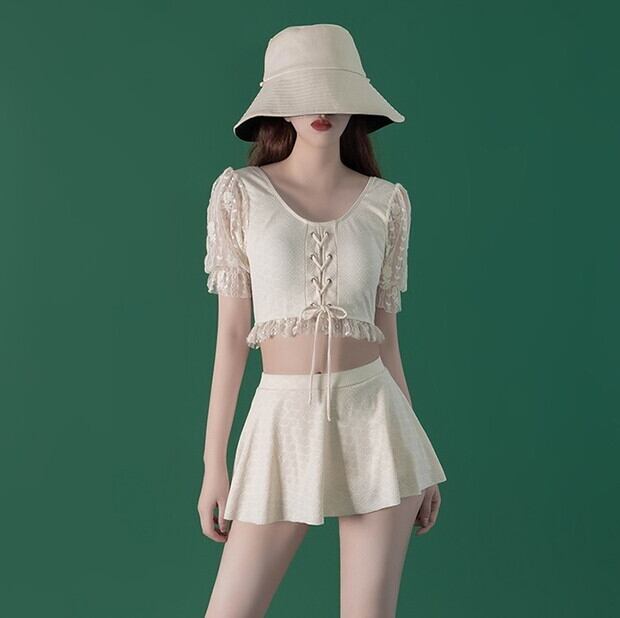 新作 21 夏 レディース 水着 レディース 水着 体型カバー スイムウェア レディース 水着 ママ セパレート水着レディース 水着 セパレート タンキニ レディース 水着 タンキニ 水着 半袖 キャンディースリーブ レース 袖レース 水着 フリル レースアップ リボン P7339