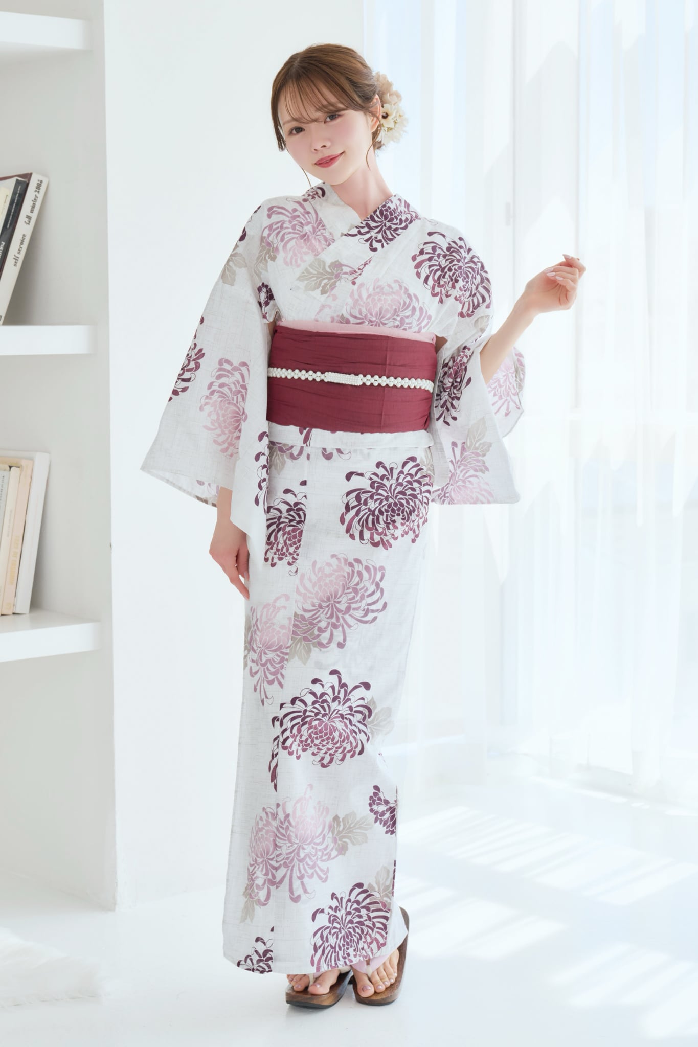二部式浴衣】セパレート浴衣3点set えんじ色の菊散らし【兵児帯えんじ