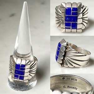 CHESTER BENALLY silver inlay ring set with lapis lazuli