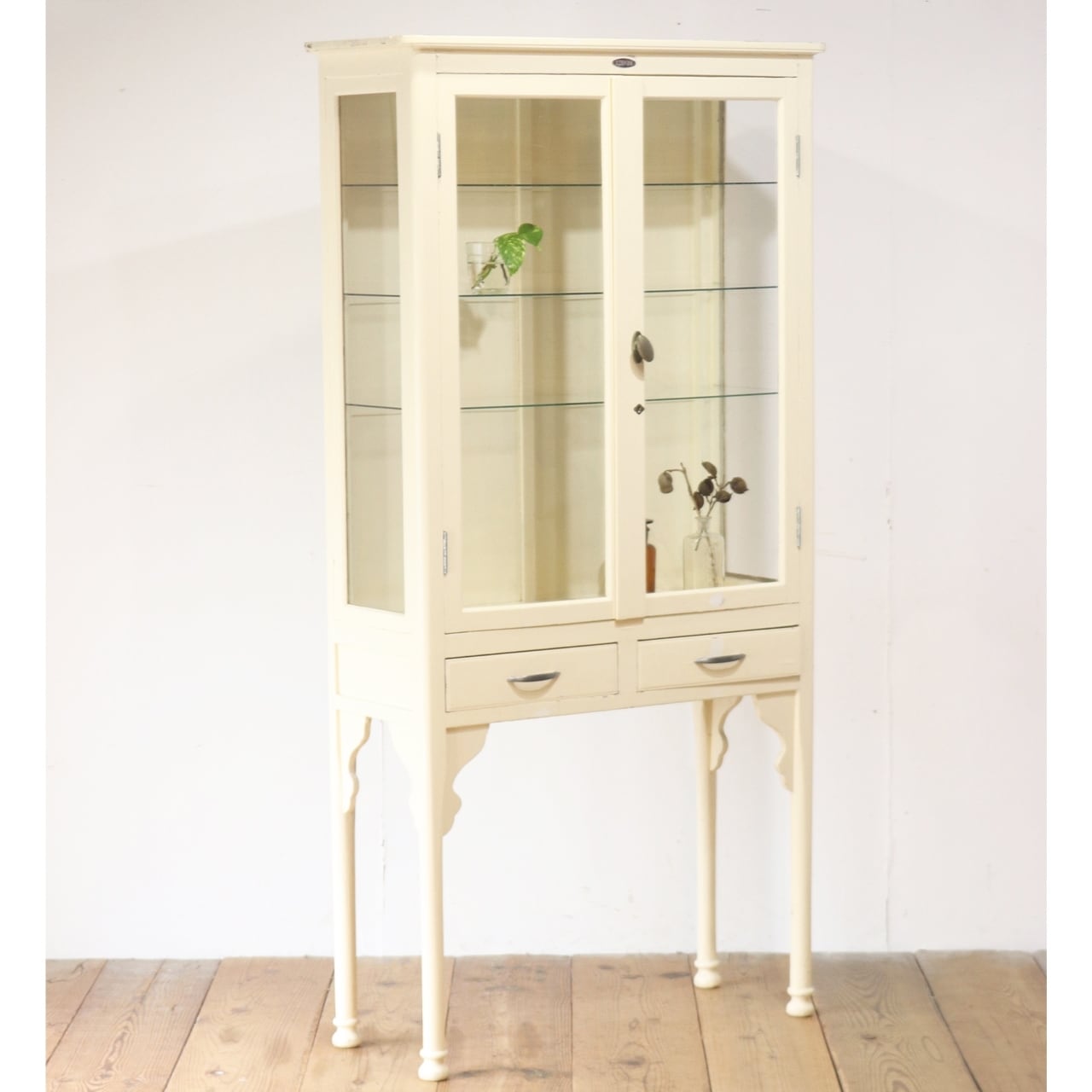 レトロ ヴィンテージ ケビント 収納 飾り棚 医療棚 キャビネット ディスプレイ ガラス棚板 扉 引き出し2杯/RCK11114