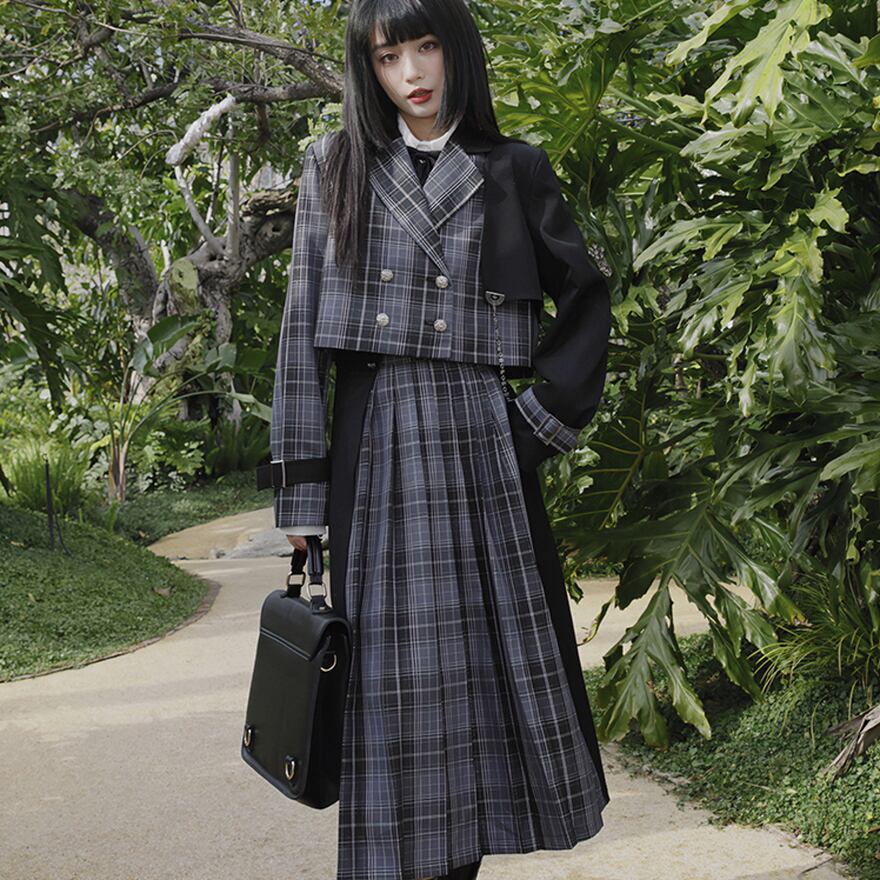 スーツ チェック柄 バイカラー ハイウエスト プリーツ チェーン 量産型