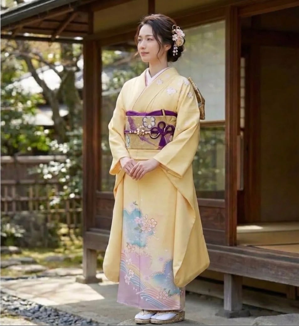 未使用 丸に蝶・菊・桜模様織出し袋帯 振袖 成人式 黒ゴールド c55 未