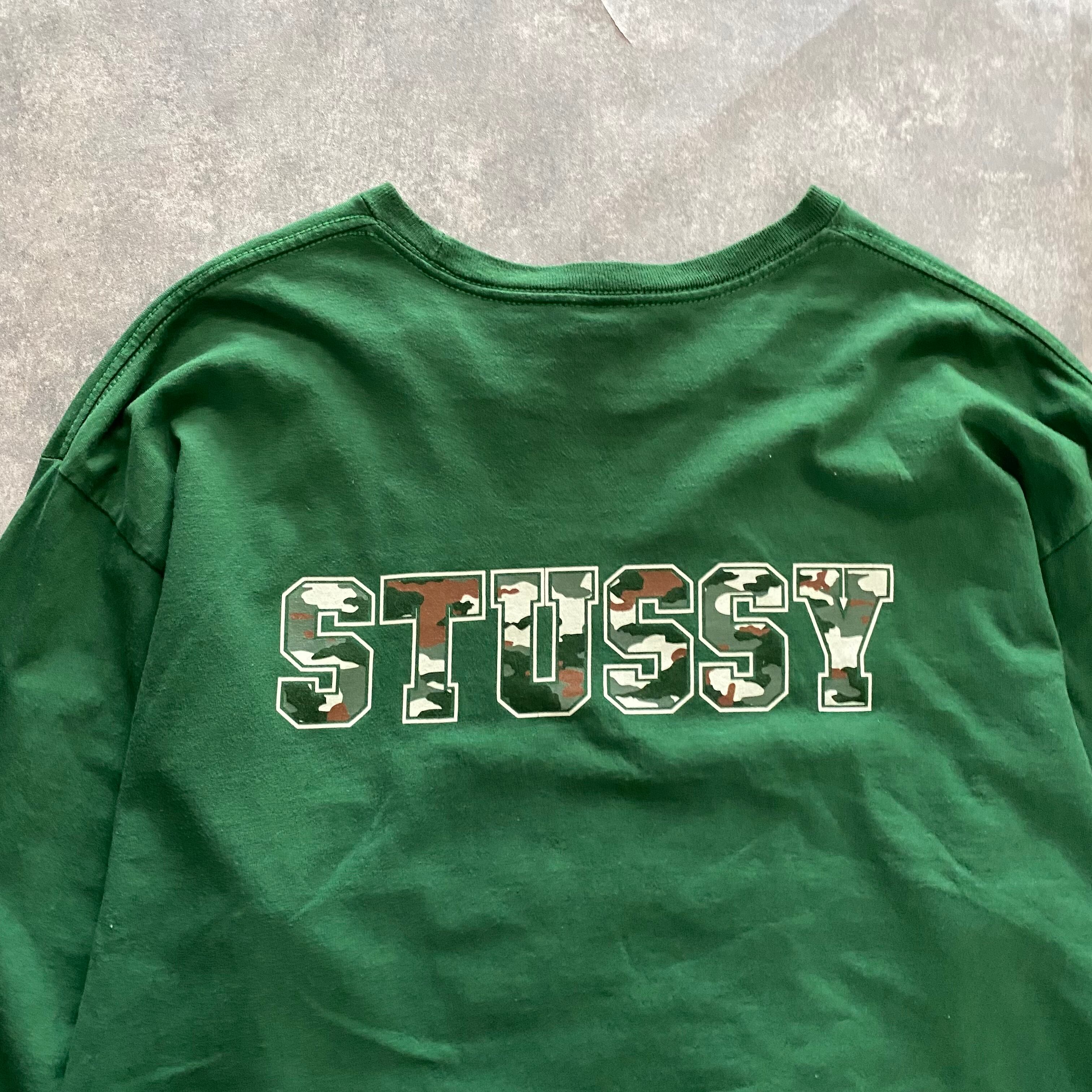 【アースカラー】ステューシー　プリント両面ロゴ　グリーン　Tシャツ
