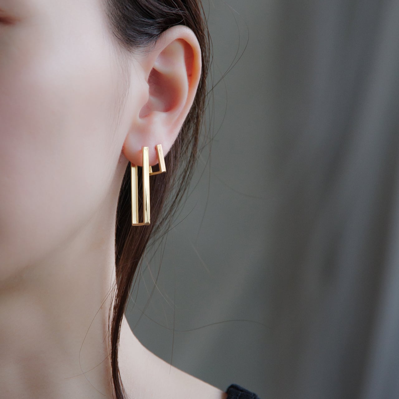 K18イエローゴールド レクタングルフープピアス＜Long Type