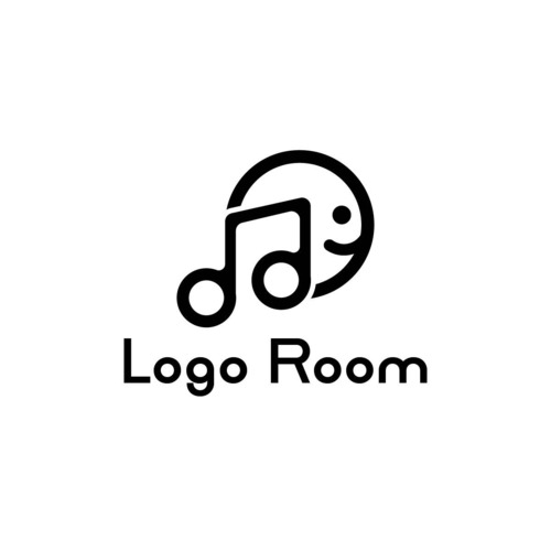 No638 笑顔と音符のロゴ【黒、単色、音符、笑顔、シンプル、可愛い、楽しい、親しみ、ポップ、ショップ、商品、アプリ、web、サービス、教室】