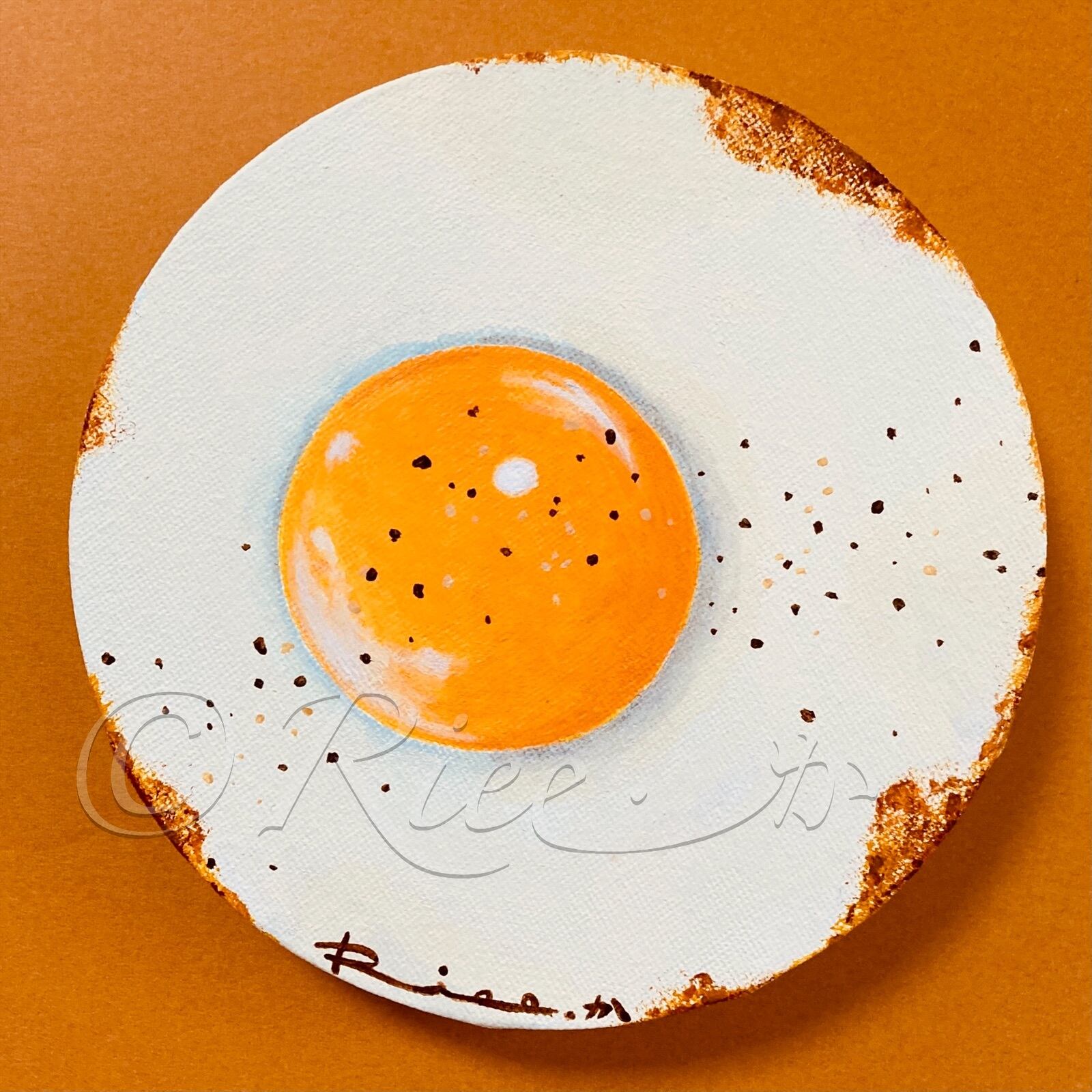 目玉焼き5／原画 円形キャンバス アート 絵画 イラスト たまご | Riee .か