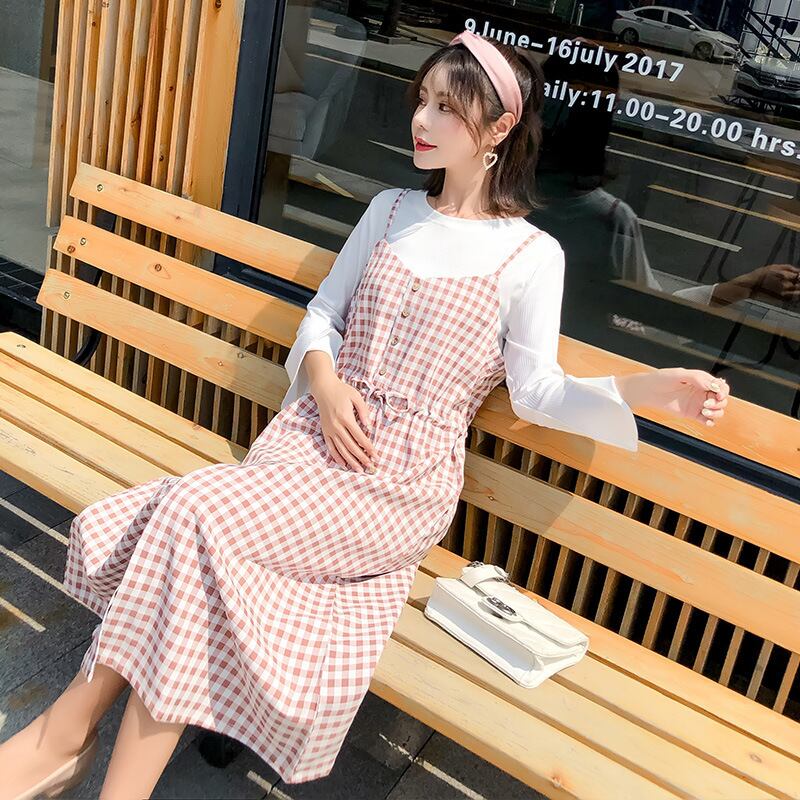 【新作】【送料無料】 マタニティウェア2019春秋新作ファッションルーズチェック柄ミドル丈サスペンダースカート+ Tシャツタイドマザー妊娠2点セット-アリババ スプリング 春物 オータム 秋物 expec278864457139