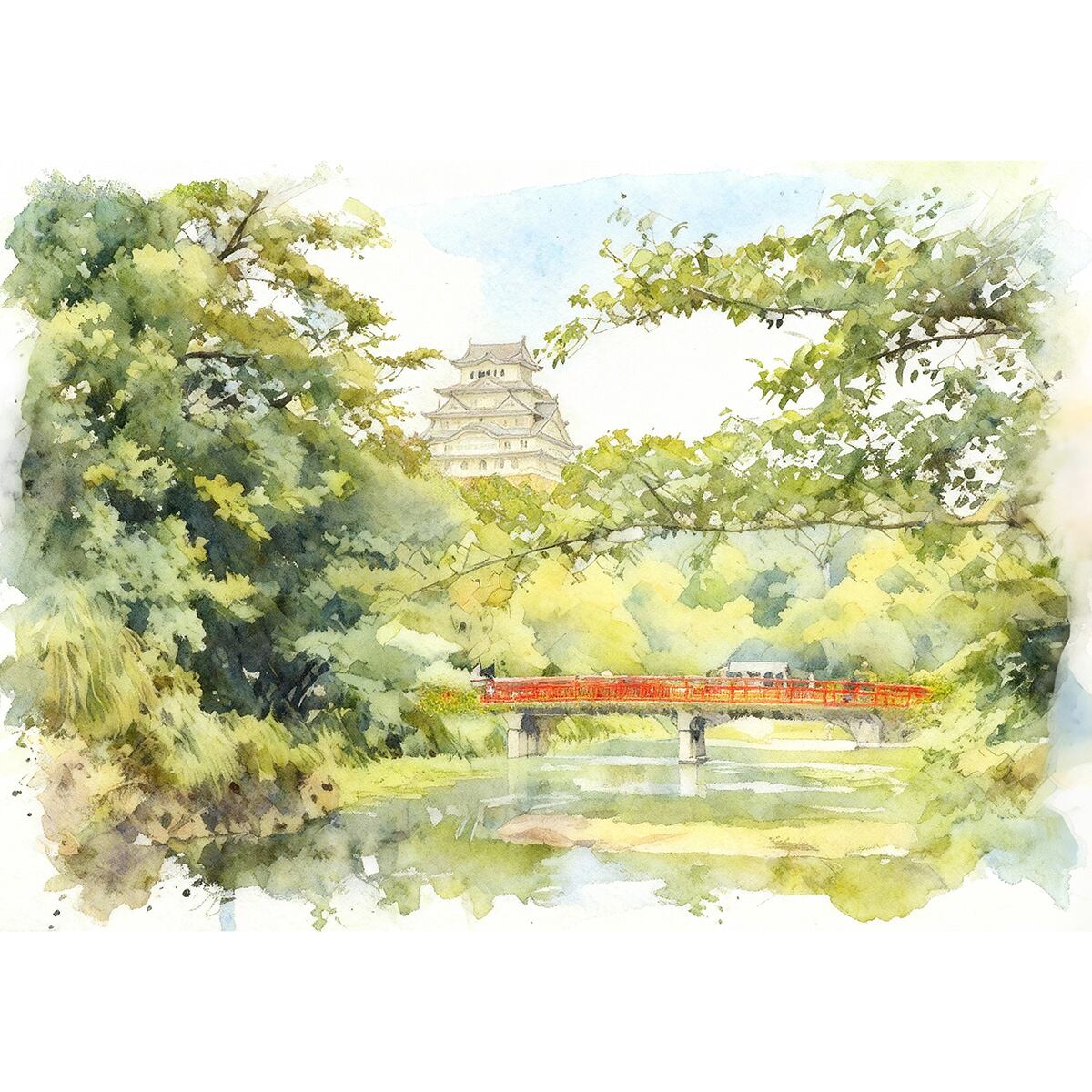 絵画 風景画 日本の城 姫路城と赤い橋 インテリアアート額付き 水彩画