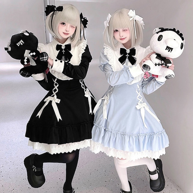 地雷系 リボンとクロス刺繍が特徴な長袖ワンピース四点セットアップ｜天使と悪魔