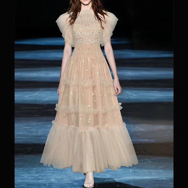 お花の刺繍チュールのロングワンピース 1498