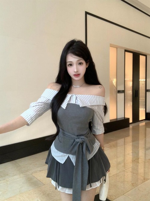Lサイズセットアップ夏服半袖スカートオフショルダープリーツ