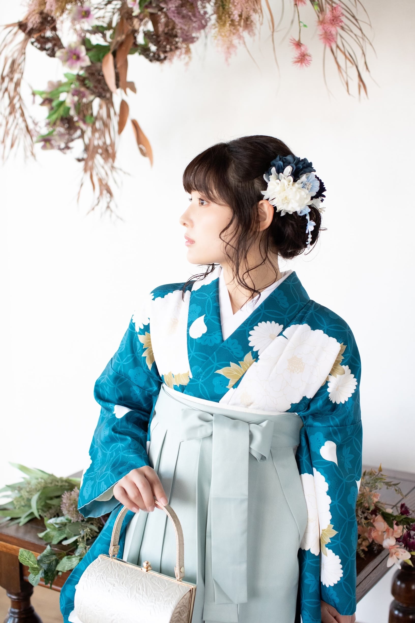 Kimono Sienne 卒業式袴3点セット 牡丹や七宝 二尺袖着物 袴 ブルー