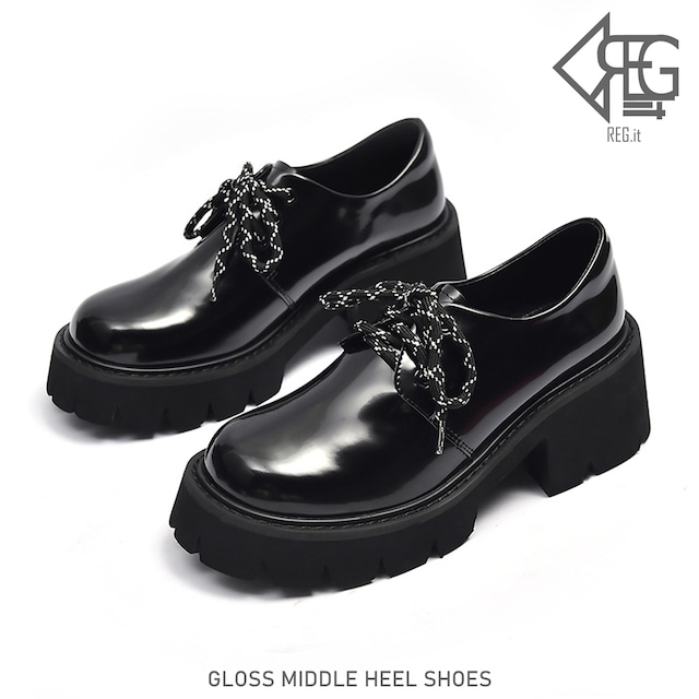 【REGIT】GLOSS MIDDLE HEEL SHOES 韓国 靴 シューズ 厚底 光沢 カジュアル 10代 20代  プチプラ ネット通販
