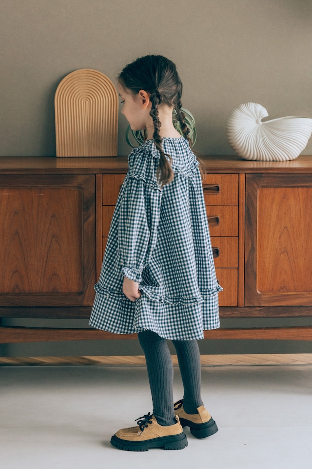 Wフリルギャザーワンピース<Navy check>