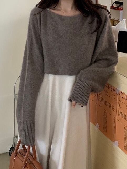 ショート丈ニット+バックリボンワンピースセット.3179 | mellow brown